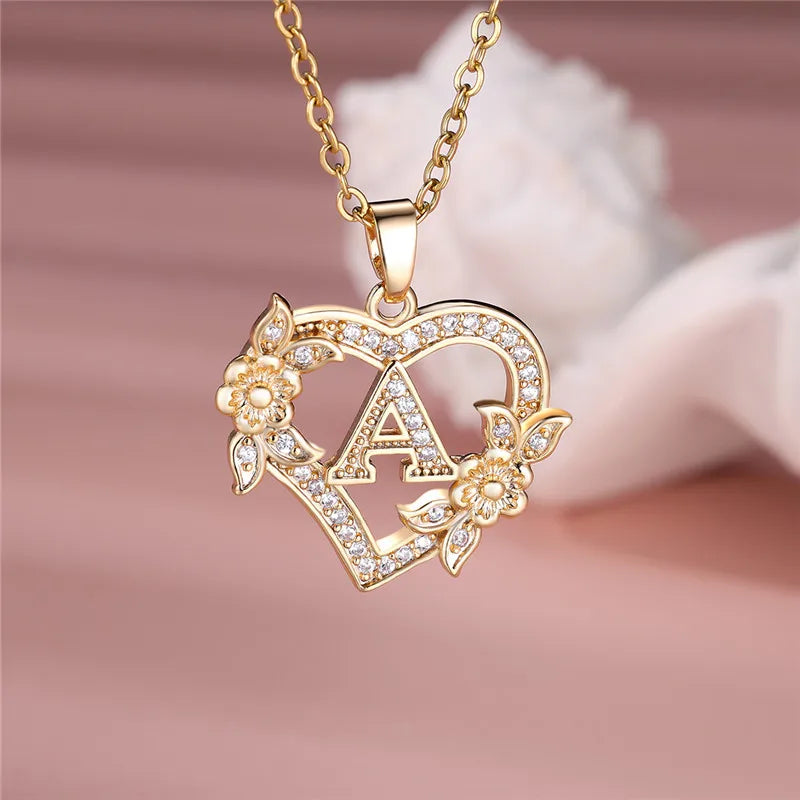 A-Z Letter Flower Heart Pendant Necklace - Flora