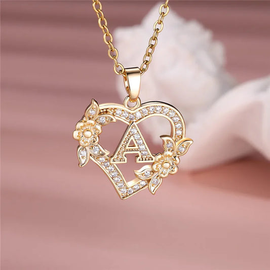 A-Z Letter Flower Heart Pendant Necklace - Flora