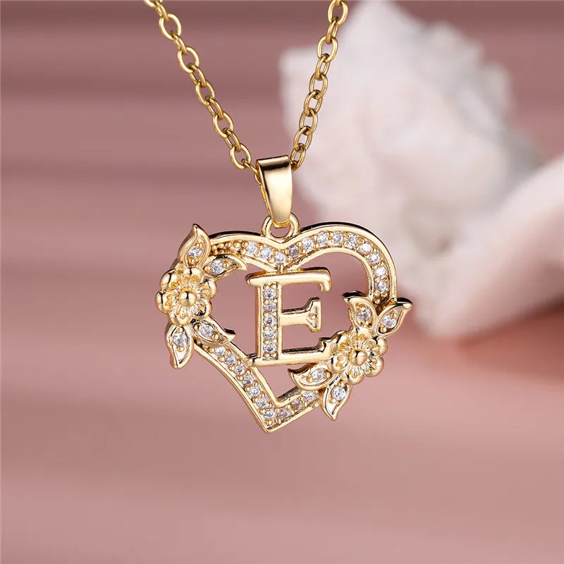 A-Z Letter Flower Heart Pendant Necklace - Flora