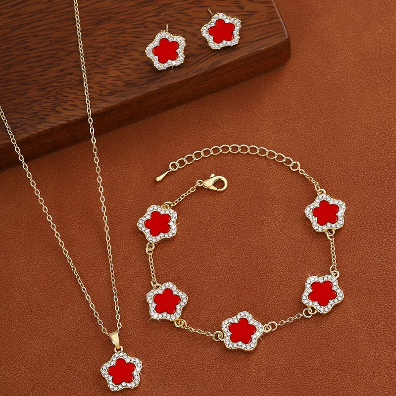 3Pcs Luxury Five Leaf Flower Pendant Necklace & Earrings - Flora