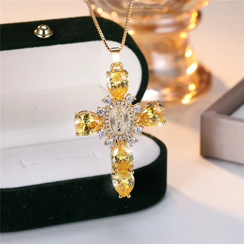 Zircon Stone Cross Necklace - Flora