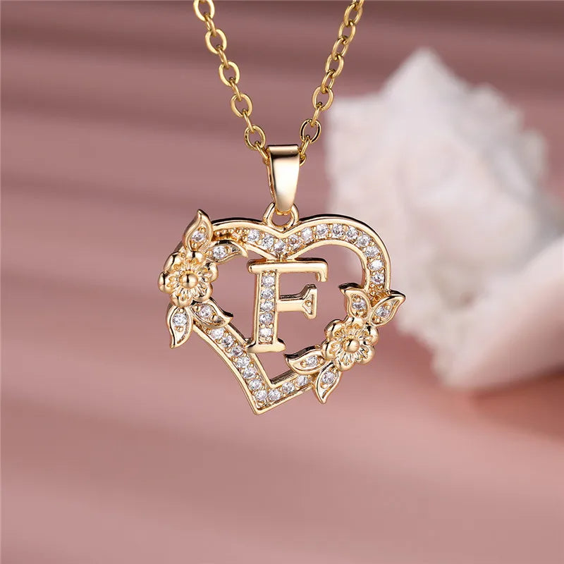 A-Z Letter Flower Heart Pendant Necklace - Flora