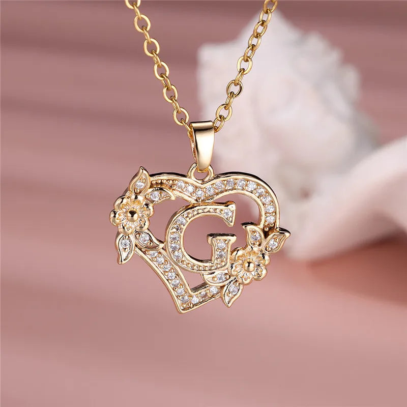 A-Z Letter Flower Heart Pendant Necklace - Flora