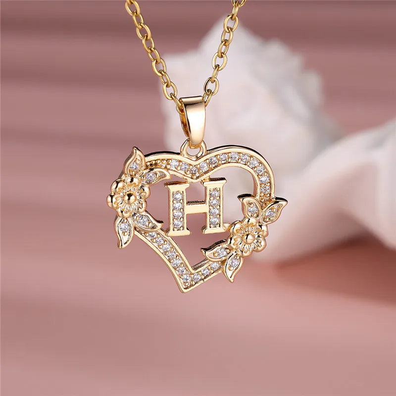 A-Z Letter Flower Heart Pendant Necklace - Flora