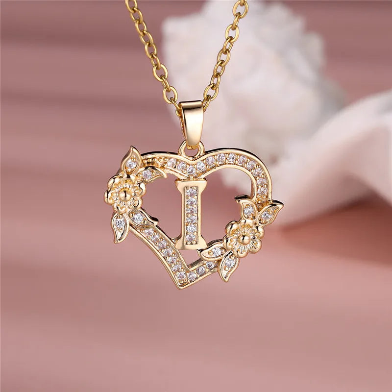 A-Z Letter Flower Heart Pendant Necklace - Flora