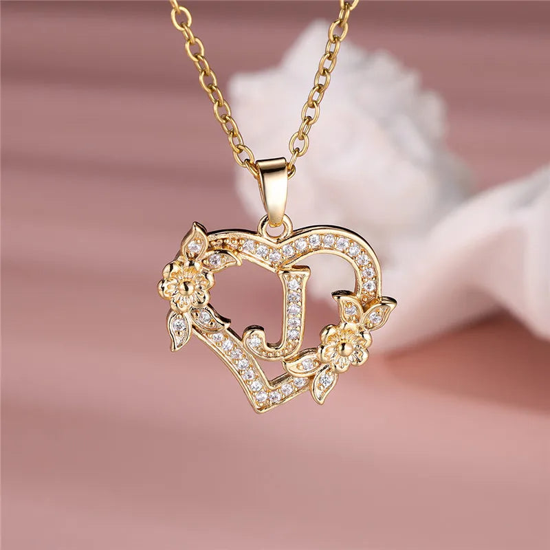 A-Z Letter Flower Heart Pendant Necklace - Flora