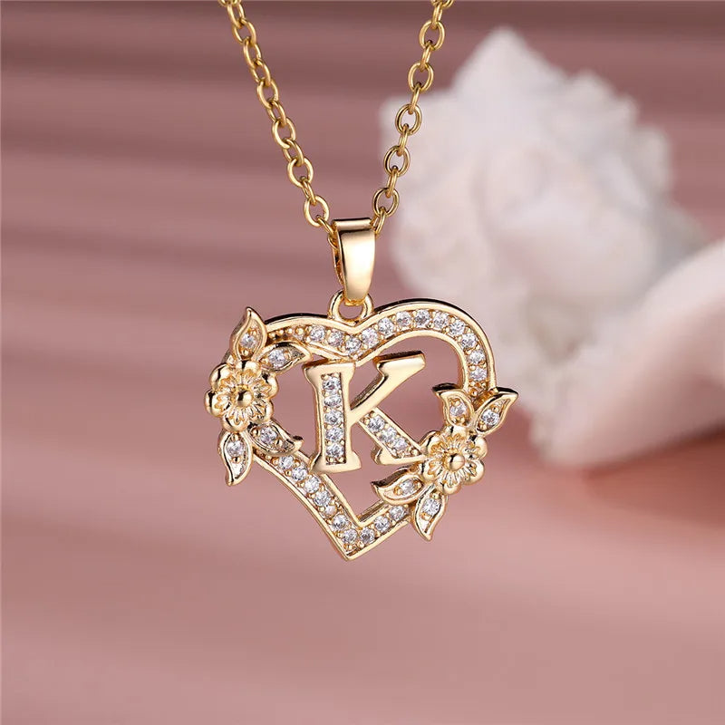 A-Z Letter Flower Heart Pendant Necklace - Flora