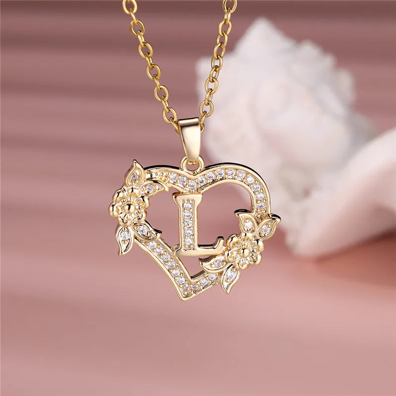 A-Z Letter Flower Heart Pendant Necklace - Flora