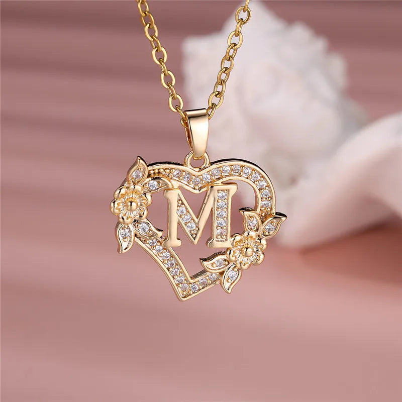 A-Z Letter Flower Heart Pendant Necklace - Flora