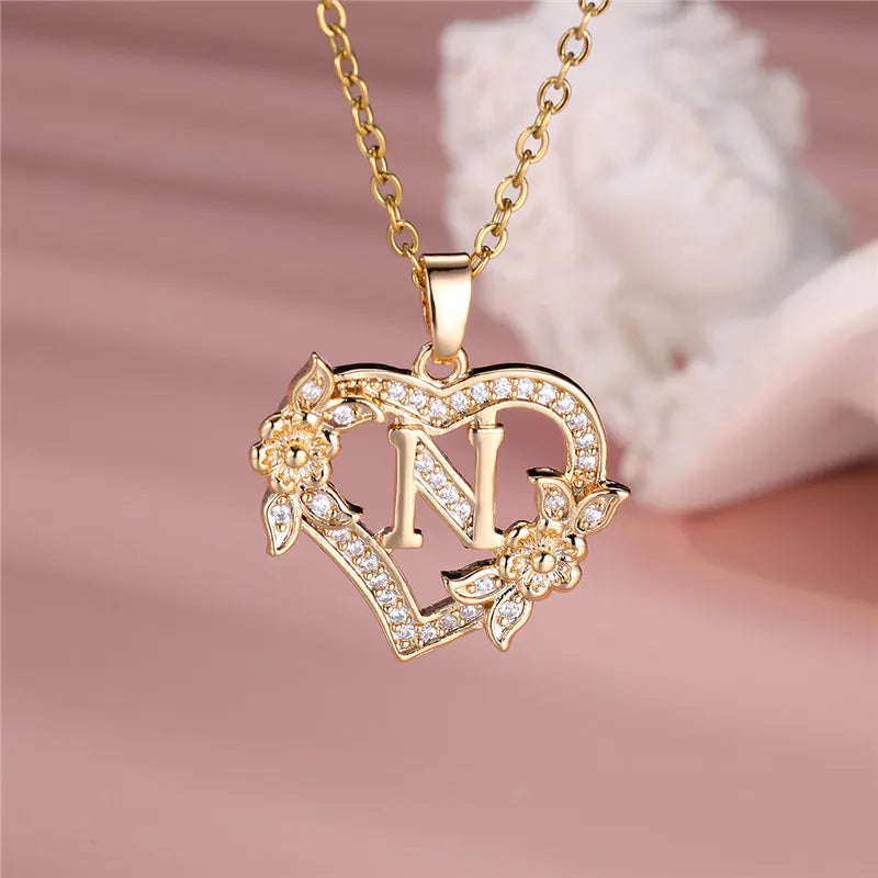 A-Z Letter Flower Heart Pendant Necklace - Flora