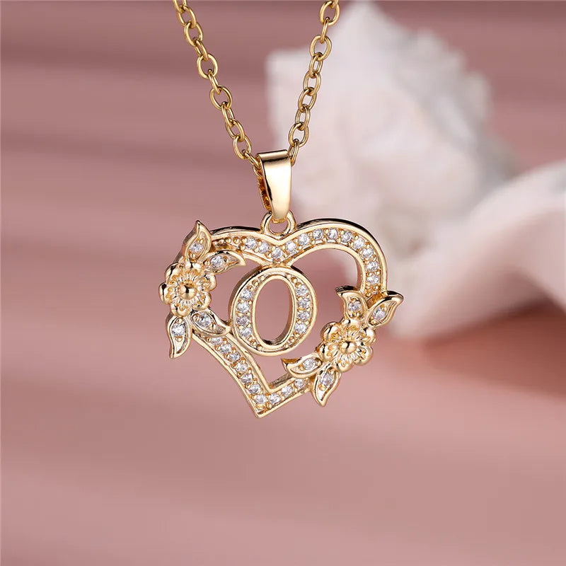 A-Z Letter Flower Heart Pendant Necklace - Flora