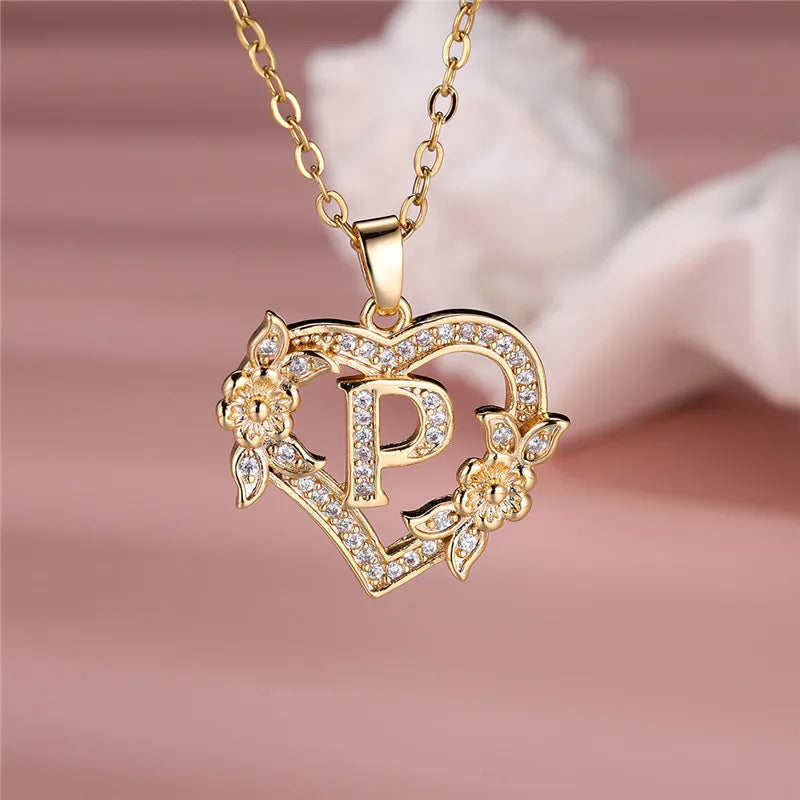 A-Z Letter Flower Heart Pendant Necklace - Flora