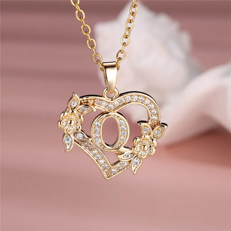 A-Z Letter Flower Heart Pendant Necklace - Flora