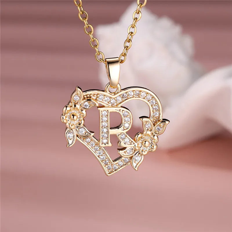 A-Z Letter Flower Heart Pendant Necklace - Flora