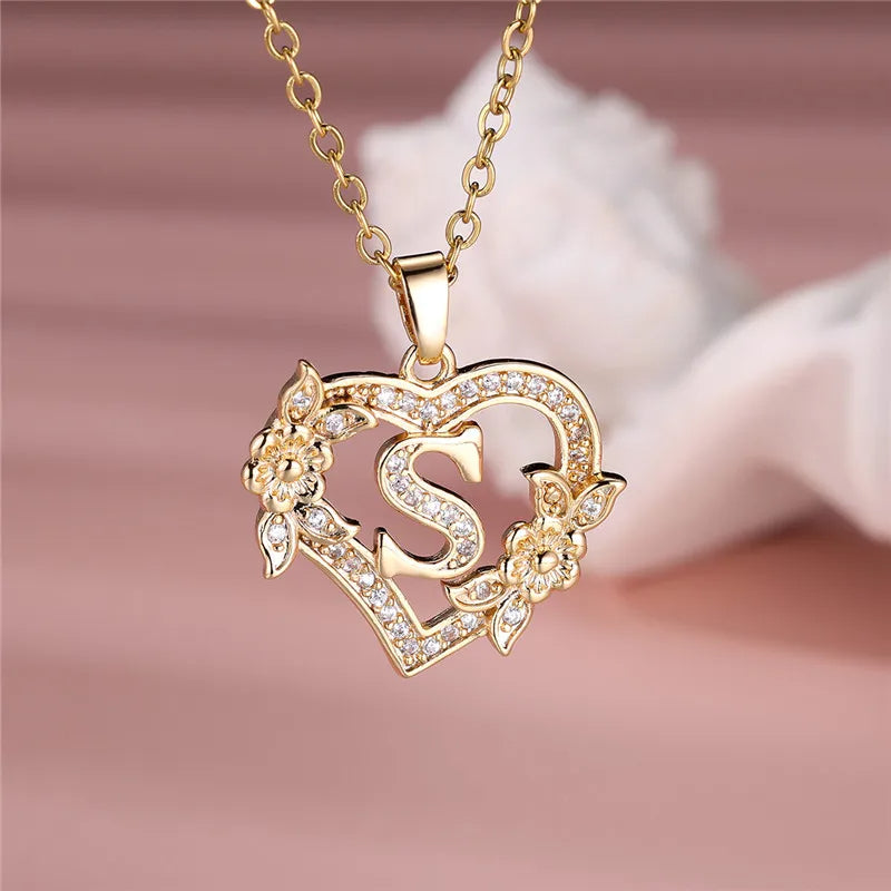 A-Z Letter Flower Heart Pendant Necklace - Flora