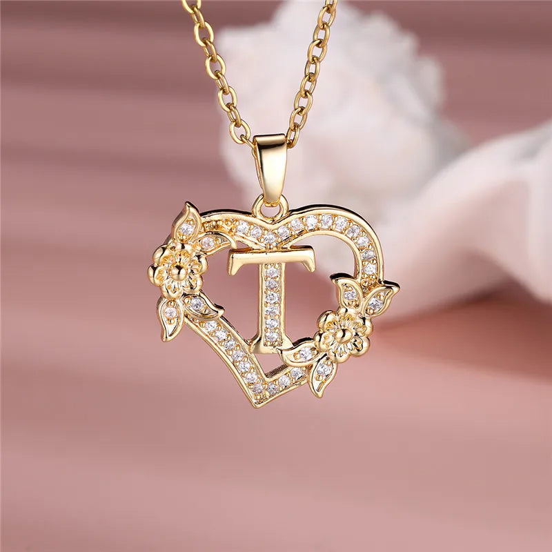 A-Z Letter Flower Heart Pendant Necklace - Flora