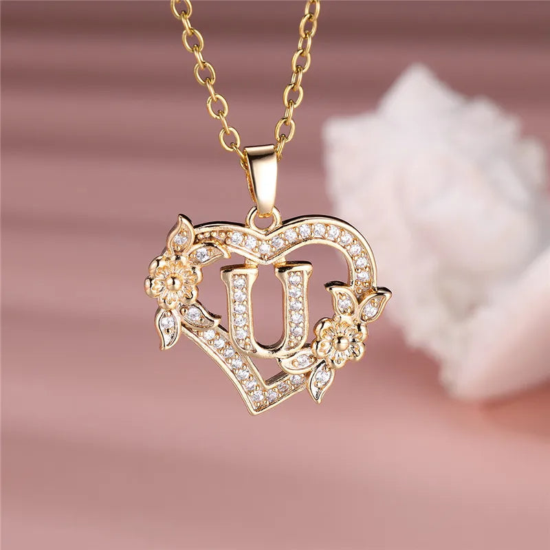 A-Z Letter Flower Heart Pendant Necklace - Flora