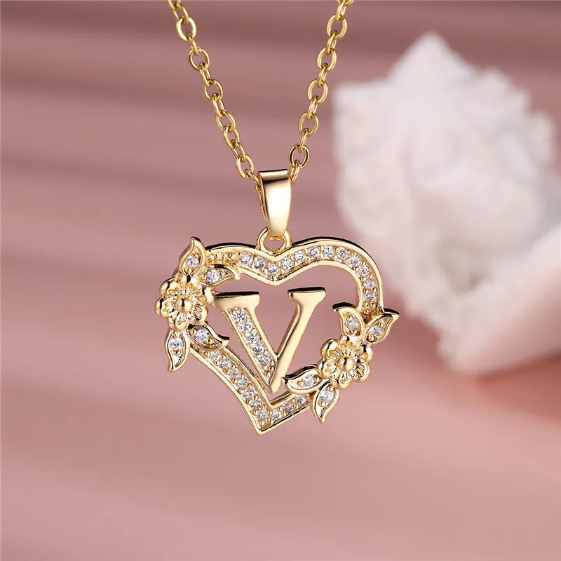 A-Z Letter Flower Heart Pendant Necklace - Flora