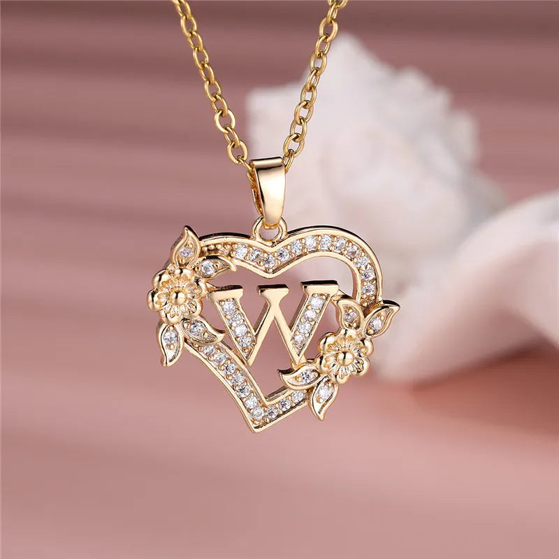 A-Z Letter Flower Heart Pendant Necklace - Flora