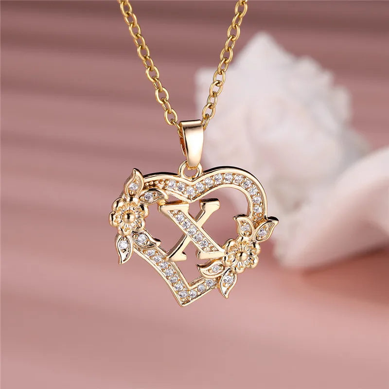 A-Z Letter Flower Heart Pendant Necklace - Flora