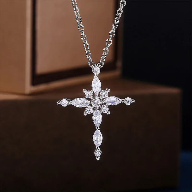 Crystal Zircon Cross Pendant Necklace - Flora