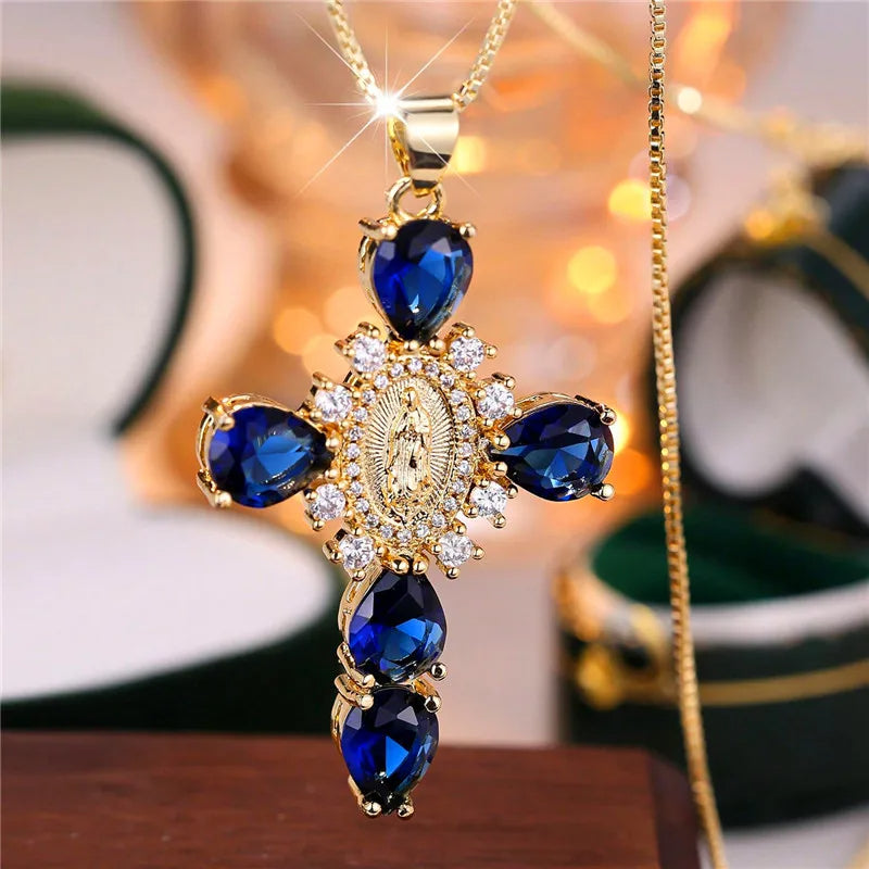 Zircon Stone Cross Necklace - Flora