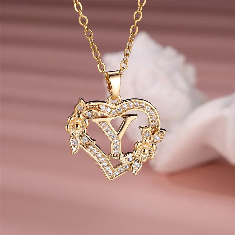 A-Z Letter Flower Heart Pendant Necklace - Flora