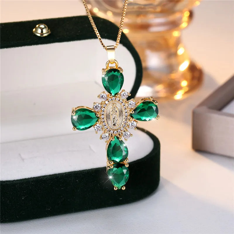 Zircon Stone Cross Necklace - Flora