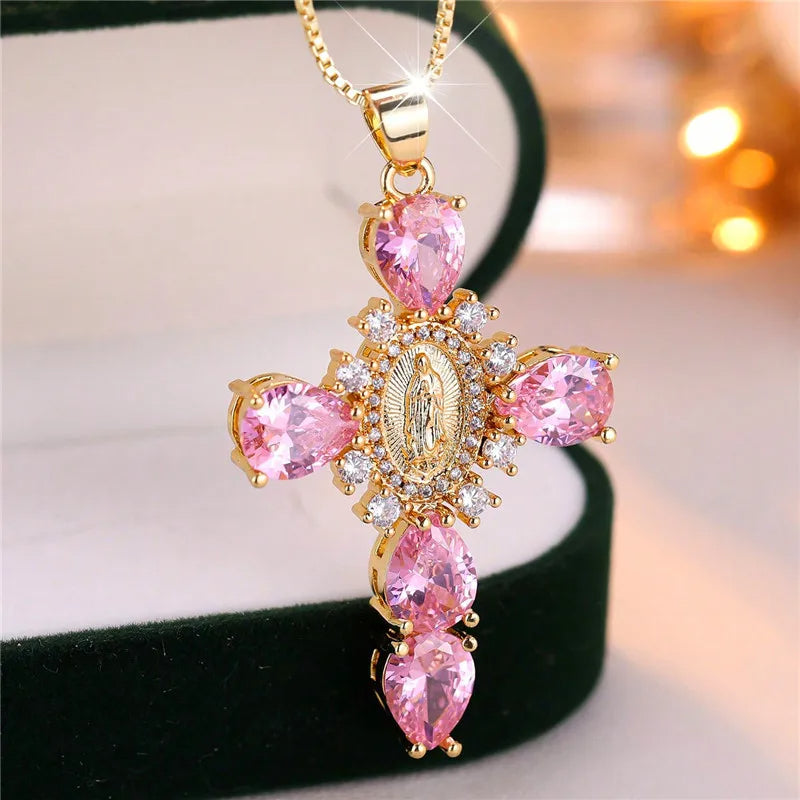 Zircon Stone Cross Necklace - Flora