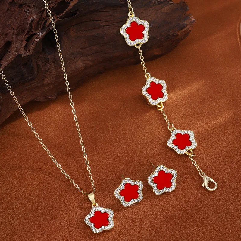 3Pcs Luxury Five Leaf Flower Pendant Necklace & Earrings - Flora