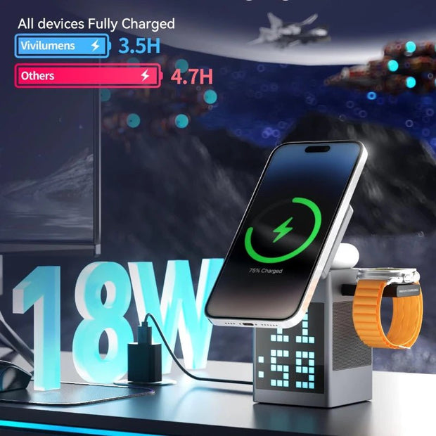 Aqua 6 in 1 Magnetic Wireless Charger with Clock - Aqua
