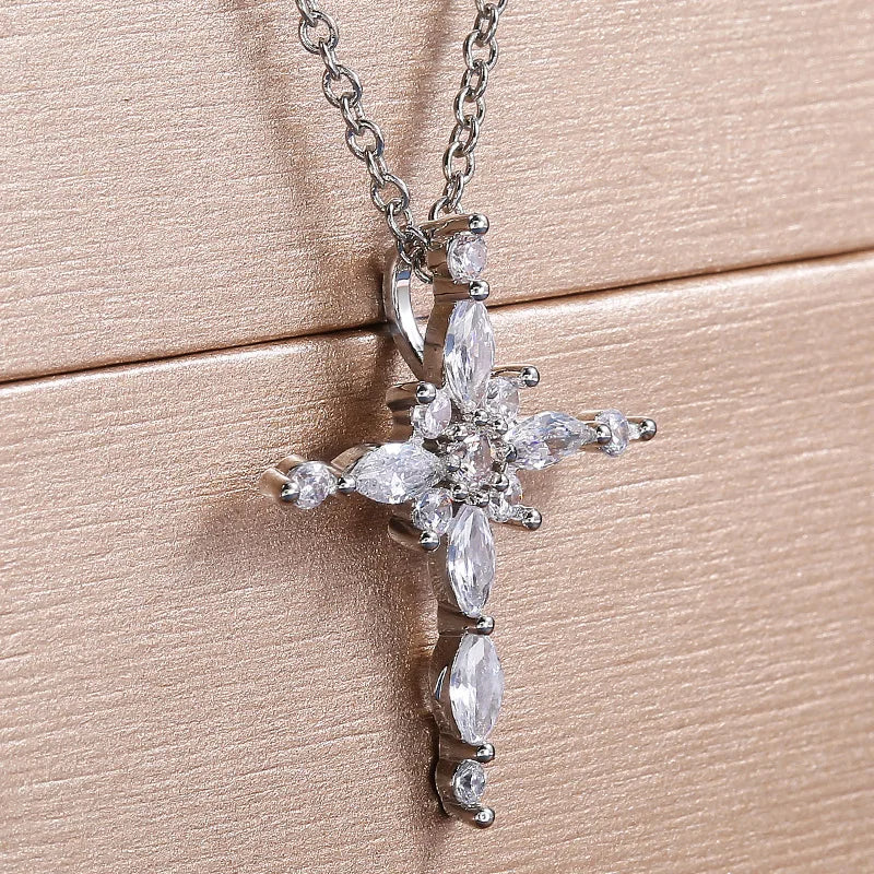 Crystal Zircon Cross Pendant Necklace - Flora