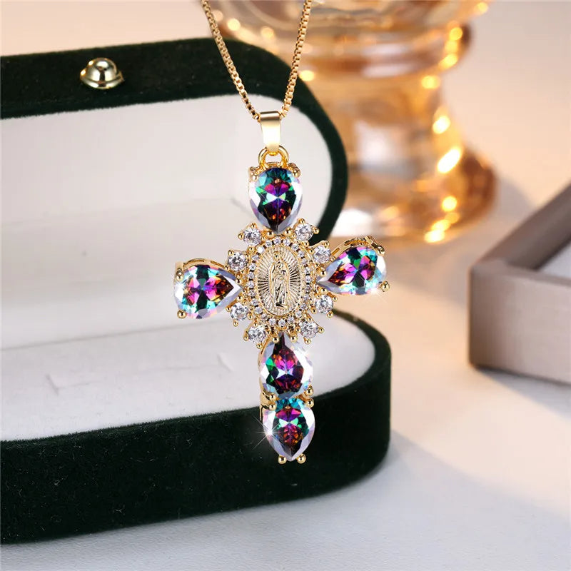 Zircon Stone Cross Necklace - Flora