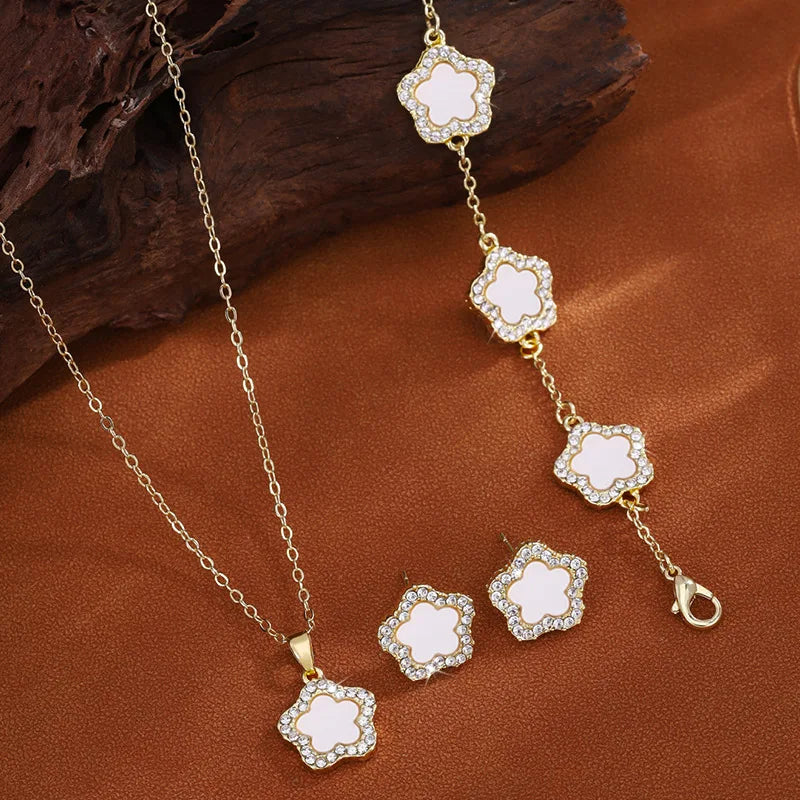 3Pcs Luxury Five Leaf Flower Pendant Necklace & Earrings - Flora