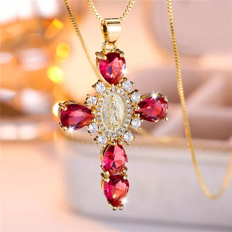 Zircon Stone Cross Necklace - Flora