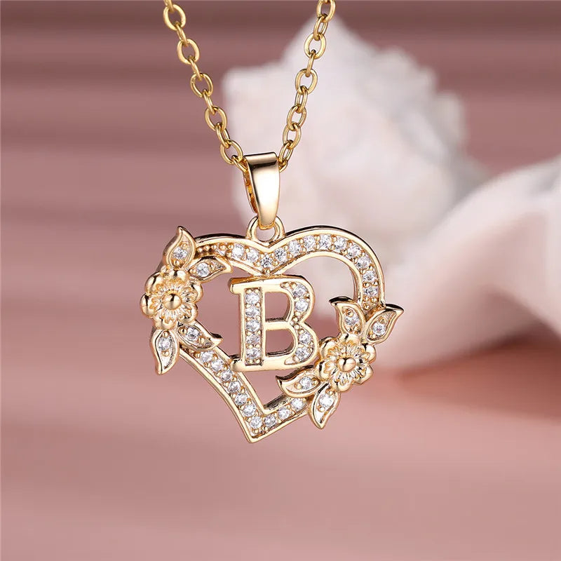 A-Z Letter Flower Heart Pendant Necklace - Flora