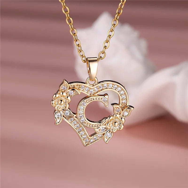 A-Z Letter Flower Heart Pendant Necklace - Flora