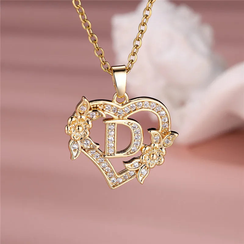 A-Z Letter Flower Heart Pendant Necklace - Flora