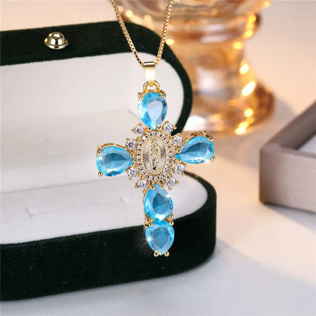 Aqua Zircon Cross Necklace with Gold Accents - Aqua