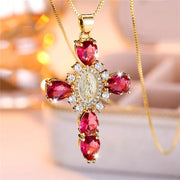 Aqua Zircon Cross Necklace with Gold Accents - Aqua